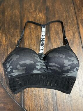 PINK Black Camo Seamless Sports Bralette with Mesh Band - Size L